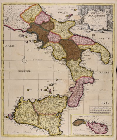 Continentis Italiae pars australior sive regnum Neapolitanum Hispaniae obediens subdivisum in suos districtus terras atque principatus quibus adjectae Sicilia in valles tripartita et contra Turcas ejus propugnaculum Malta insula af Peter Schenk the Elder
