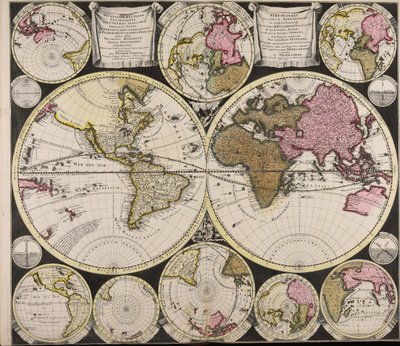 Diversa orbis Terrae visu incedente per coluros Tropicorum ambos ejus polos et particularis sphaerae zenith in planum orthographica projectio quibus additae pro variato horizonte omnium positiones eorumdemque mutua cum circulis caelestibus relatio  Plat O af Peter Schenk the Elder