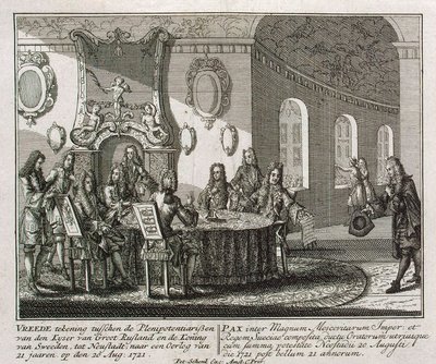 Indgåelse af fredstraktaten i Nystad den 20. august 1721. af Peter Schenk the Younger