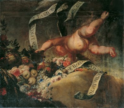 Putto med blomster, frugter og banner af Peter Strudel