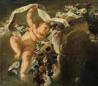 Putto med blomstertråd og banner af Peter Strudel
