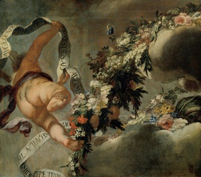Putto med blomstertråd og banner af Peter Strudel