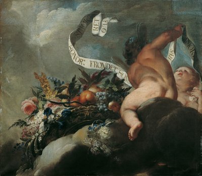 To putti med blomster, frugter og et banner af Peter Strudel