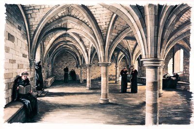 Munke i fællesrummet i Battle Abbey, East Sussex, 12. århundrede c1990-c2010 af Peter Urmston