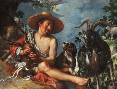 En hyrde i rør på en knold, en hund og hans flok i nærheden, af Peter Wtewael