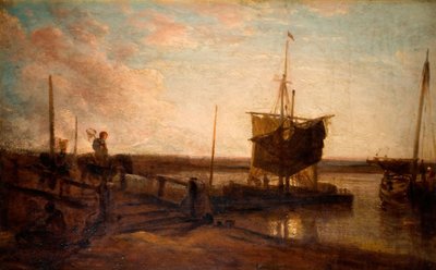 Anløbsbro med både, 1800-50. af Peter de Wint
