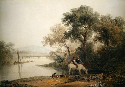 Rustikker, der vander deres heste ved en flodkant, et tårn hinsides (akvarel på papir) af Peter de Wint
