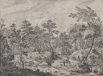 Skovlandskab med en rytter, der taler med en mand i midten, en gangbro til højre, 1716. af Peter von Bemmel
