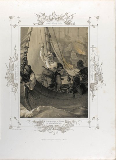 Constantine Kanaris ødelægger ved brand tre tyrkiske skibe i linjen ved Tchesme fra albummet G af Peter von Hess