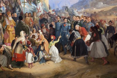 Indgangen for kong Othon I af Grækenland (1815-1876) til Athen, hilst velkommen af folkemængden foran templet Hephaistos (Hephaisteion) (Hephaistos) eller Theseion på Agora (Grækenland) af Peter von Hess