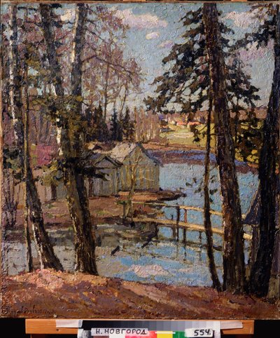 Forår. Ved en dam. Maleri af Pyotr Ivanovich Petrovichev (Pyotr Petrovichev) (1874-1947), olie på lærred af Petr Ivanovic Petrovichev