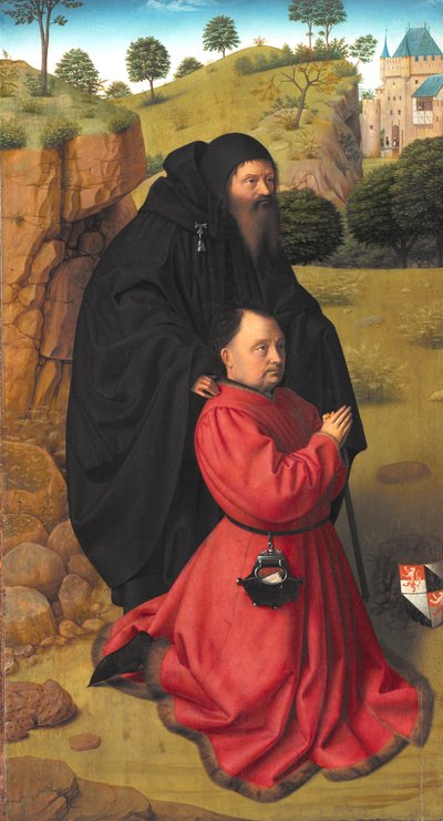 Alterpanel med et portræt af en donor i skarlagenrød under beskyttelse af St. Anthony af Petrus I Christus