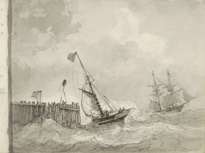 To sejlskibe ved en fortøjning af Petrus Johannes Schotel (circle of)