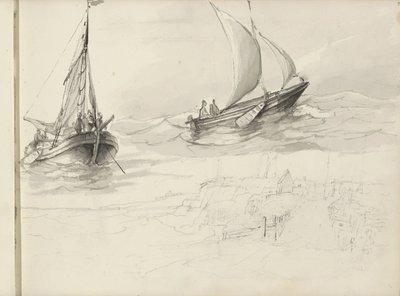 To sejlskibe med figurer til søs af Petrus Johannes Schotel (circle of)