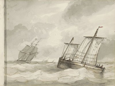 Sejlskibe på et turbulent hav af Petrus Johannes Schotel (circle of)