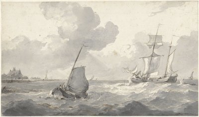 To-mastet og fiskerbåd ud for kysten af Petrus Johannes Schotel