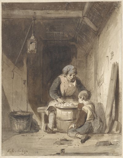 Mand og dreng spiser i en lade af Petrus Marius Molijn