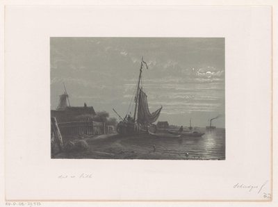 Sejlskib på tørt land ved måneskin af Petrus Paulus Schiedges (I)