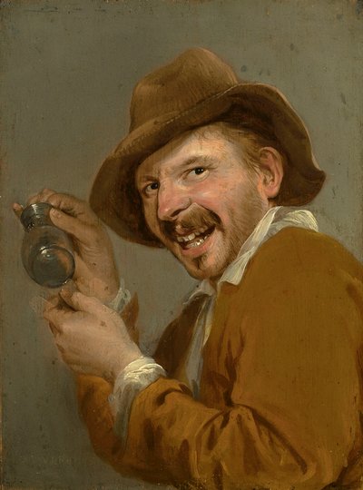Smag: En grinende mand med et opadvendt glas. Fra serien Personifications of the Five Senses, ca. 1635-66 (olie på træ) af Petrus Staverenus