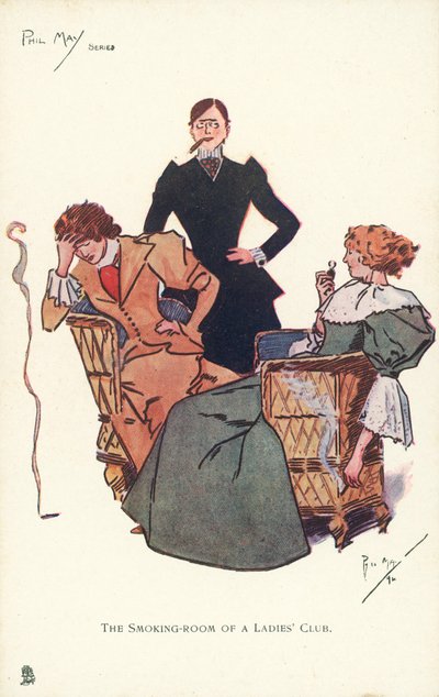Rygerum på en dameklub (farve litho) af Phil May