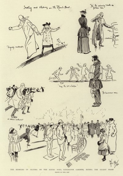 The Humors of Skating på Round Pond, Kensington Gardens, under den seneste frost af Phil May