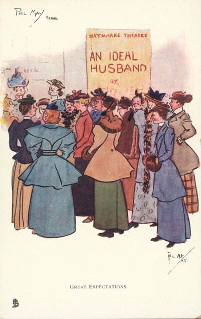 Kvinder samles uden for et teater for at se en produktion af An Ideal Husband (color litho) af Phil May