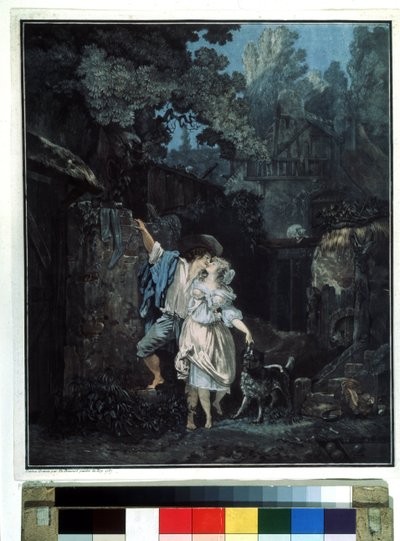 ""Farvel morgen"" (Farvel morgen) Et par tager afsted tidligt om morgenen. Litografi af Philibert Louis Debucourt (1755-1832) 1787 Pushkin Museum Moskva af Philibert Louis Debucourt