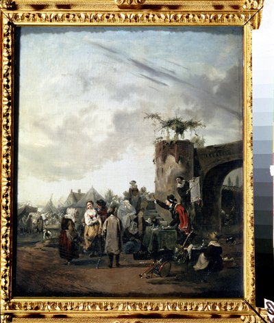 ""Charlatanen"" En bedrager installeret på en landsbyplads opfordrer indbyggerne til at købe mirakelpiller. Maleri af Philibert Louis Debucourt (1755-1832) omkring 1780 Pushkin Museum Moskva af Philibert Louis Debucourt