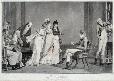 Den orange eller den moderne dom af Paris Parodi på dommen i Paris iscenesætter en ung mand i stil med Directoire (Utrolig) at vælge mellem tre Wonderful. Tryk af Philibert Louis Debucourt (1755-1832) 1800 omkring Paris, Musee Carnava af Philibert Louis Debucourt