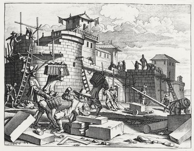 Portugisiske krigsfanger bygger et fort nær Kandy (gravering) af Philip Baldaeus