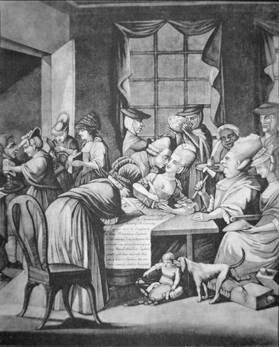 Patriotiske damer fra Edenton, South Carolina, underskriver et løfte om "ikke at drikke mere te eller bære mere britisk tøj" (litho) af Philip Dawe