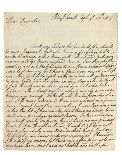 Autografbrev til Solomon Dayrolles, Blackheath, 25. september 1754 (pen og blæk på papir) af Philip Dormer Stanhope Chesterfield