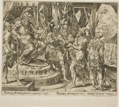 Achior bønfalder Holofernes for israelitterne, plade en fra Historien om Judith og Holofernes af Philip Galle