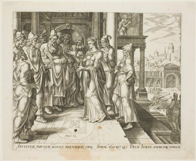 Judith henvender sig til de ældste fra Bethulia, plade tre fra historien om Judith og Holofernes af Philip Galle