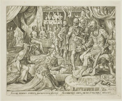 Judith Præsenteret for Holofernes, plade fem fra Historien om Judith og Holofernes af Philip Galle