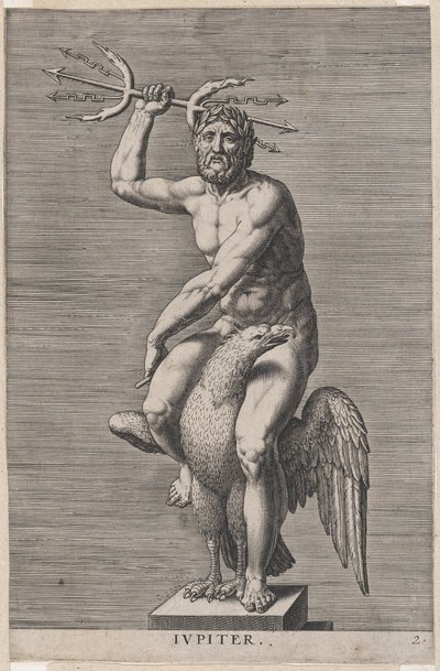 Plade 2: Jupiter, statue af den nøgne gud siddende på en ørn, der holder en dobbelt trefork, fra..., 1586. af Philip Galle