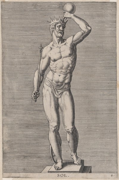 Plade 4: Apollo, statue af den nøgne gud, der står på en sokle, iført en krone og holder en..., 1586. af Philip Galle