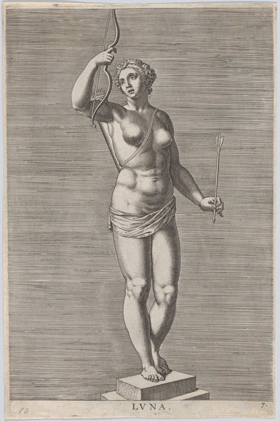 Plade 7: Diana, statue af den nøgne gudinde stående på en sokkel, iført en halvmåne i..., 1586. af Philip Galle