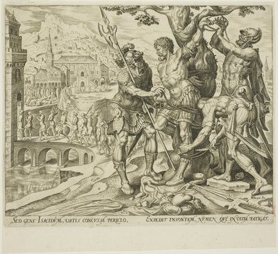 Israelitterne finder Achior bundet til et træ, plade to fra historien om Judith og Holofernes af Philip Galle