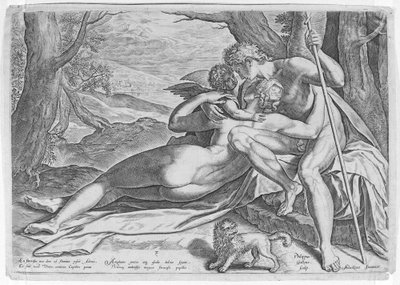 Venus og Adonis, fra serien The Story of Adonis, ca. 1579., ca. 1579. af Philip Galle