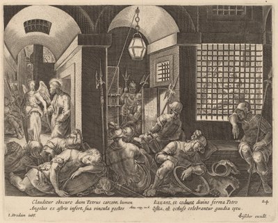 Sankt Peter befriet fra fængslet af en engel af Philip Galle after Jan van der Straet