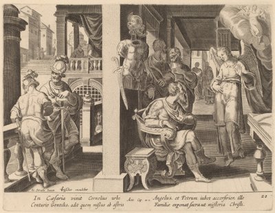 Englen befaler Cornelius at hente Sankt Peter af Philip Galle after Jan van der Straet