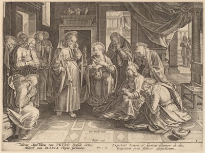Apostlenes og kvindernes møde i det øverste rum af Philip Galle after Jan van der Straet