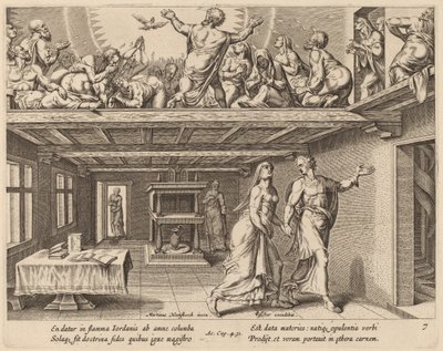 Og de var alle fyldt med Helligånden af Philip Galle after Maerten van Heemskerck