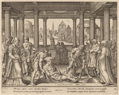 Troende mænd, der bærer den hellige Stefanus til hans begravelse af Philip Galle after Maerten van Heemskerck