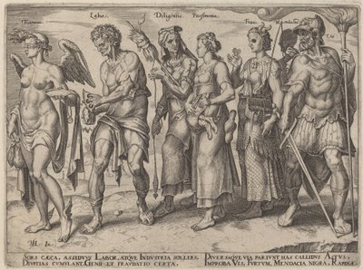 Held, arbejde, flid, sparsommelighed, bedrageri (ærlige og uærlige måder at blive rig på) af Philip Galle, after Maerten van Heemskerck
