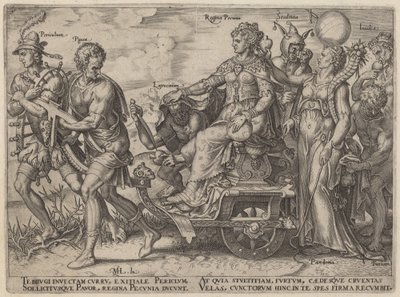 Fare, fattige, røveri, dronning af penge, dårskab, misundelse (farer og laster, der ledsager rigdom) af Philip Galle, after Maerten van Heemskerck
