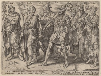 Pythius, Lucullus, Crassus, Sylla, Croesus, Midas (berygtede eksempler på rigdom fra antikken) af Philip Galle, after Maerten van Heemskerck