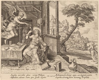 Englen beordrer Sankt Filip til at ledsage den etiopiske eunuk af Philip Galle after Maerten van Heemskerck
