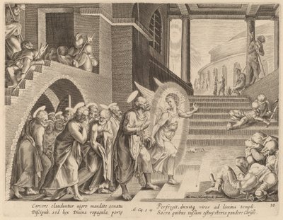 Apostlene udfriet fra fængslet af en engel af Philip Galle after Maerten van Heemskerck